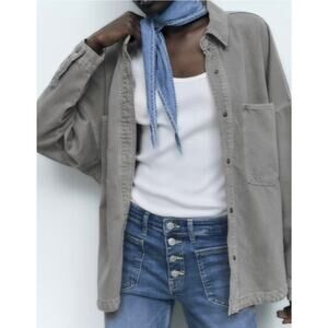 Zara Shacket Denim Overshirt Oversized Jacket Womens XXS Olive Gorp Lagen Boho